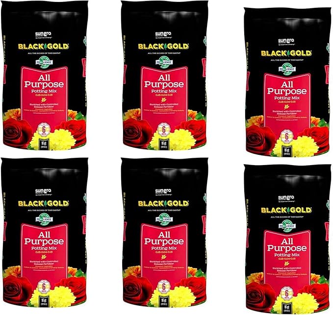 SunGro Black Gold All Purpose Potting Soil Fertilizer Mix for House Plants Vegetables Herbs and More 16 Quart Bag (6 Pack)