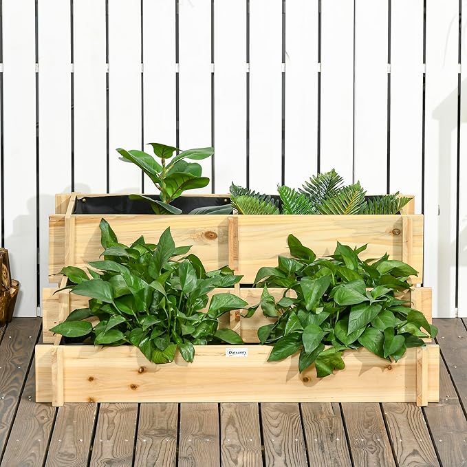 Outsunny 3-Tier Raised Garden Bed with 5 Compartments and Bed Liner Fir Wood Elevated Planter Box for Vegetables Herbs Outdoor Plants 37 x 37 x 14in Natural