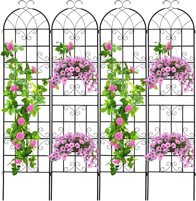 4 Pack 86.2x19.7in Metal Garden Trellis for Climbing PlantsBlack Metal Garden Trellis for Vines Plant Rose Vegetable SupportLarge Decorative Outdoor Trellis