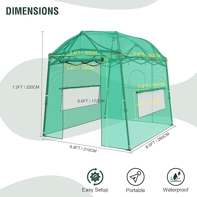 8.5 x 7 x 7 FT Walk-in Greenhouse Portable Pop-up Greenhouse for Indoor Outdoor Plant Garden Green House with Zippered Doors Screen Windows Heavy Duty Frame and Durable PE Cover