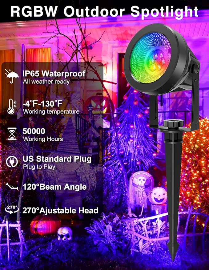 RGB Spot Lights Outdoor Color Changing Landscape Lighting Waterproof Spotlight with US Plug for Yard Tree Garden Path House Halloween Christmas Decoration (6 Pack)