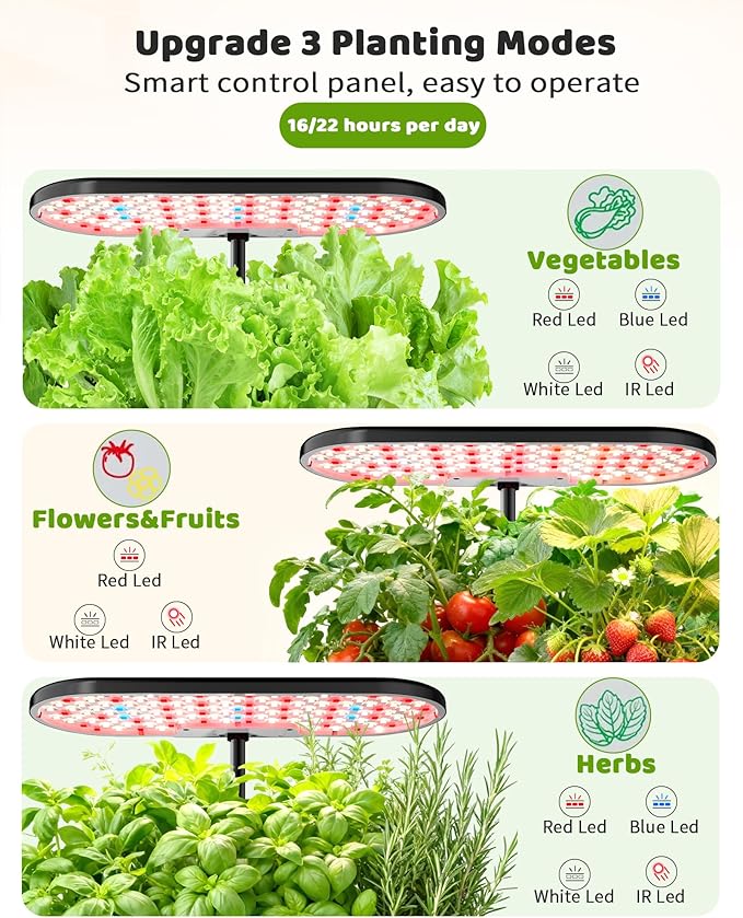 Hydroponics Growing System Kit 16 Pods Vertical 8L Indoor Gardening System for Herb Vegetable Fruit with LED Grow Light Smart Water Circulation 3 Light Modes &amp 2 Timer Black