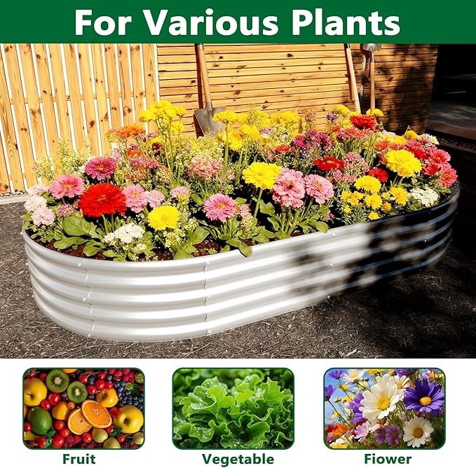 zizin 2 Pack Galvanized Raised Garden Bed Metal Oval Raised Garden Beds Outdoor Planter Box for Vegetables (8x4x1FT Silver)