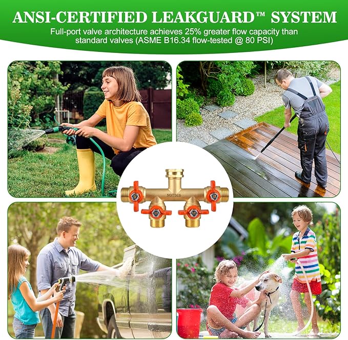 4 Way Brass Hose Splitter Full Flow with Metal Handle - Heavy Duty Spigot Splitter with Shut Off Valve 3/4 GHT Garden Tap Connector
