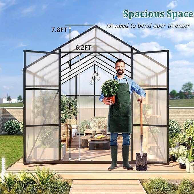 Greenhouse for Outdoors 8x14x7.8FT Polycarbonate Greenhouse with Stronger Wind Protection and Roof Vent Walk-in Large Aluminum Sunroom Winter Proof Black