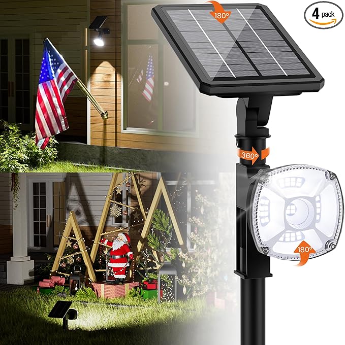 Solar Spotlights Outdoor Waterproof IP67Cool White LED Floodlight4 Pack360°Adjustable Prowered Panel3 Lighting ModesGarden Decor Outside Spot Lights Focus for Yard/Landscape/House/Lawn/Patio/Tree