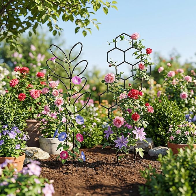 6 Pack Plant Trellis Indoor Black Metal Leaf Honeycomb Shape Trellis for Potted Plants Trellis for Garden Potted Plant Climbing Plants Indoor