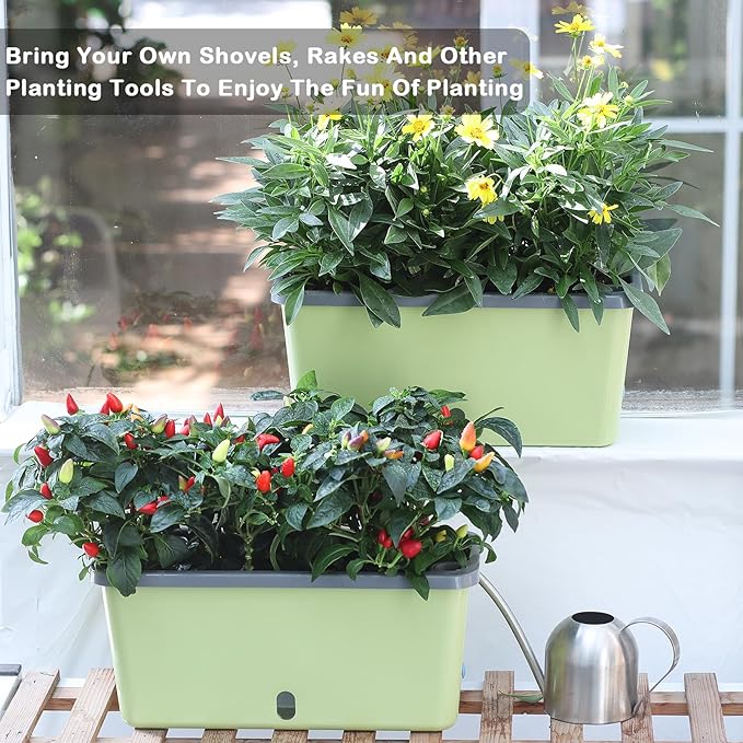 Window Box Planter 4 Packs 14 Inches Rectangle Flower Pots with Breathable Drainage Holes Pots for Vegetables Herbs Flowers Garden Windowsill Balcony (Green &amp Grey)