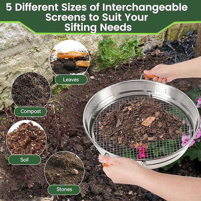 Large 14.57 Soil Sifter with 5 Interchangeable Stainless Steel Mesh Screens (1/3/6/9/12mm) + Stainless Steel Hand Trowel + Galvanized Garden Sieve for Compost Sand Gravel &amp Cat Litter (Silver)