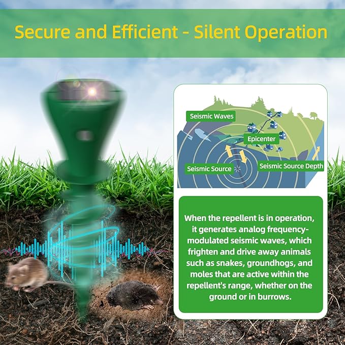 Solar Powered Mole Repellent for Lawns 4 PackIP65 Waterproof Mole Snake Repeller Noiseless Design Vibrating Stake Repels Outdoor Snakes Gophers Moles