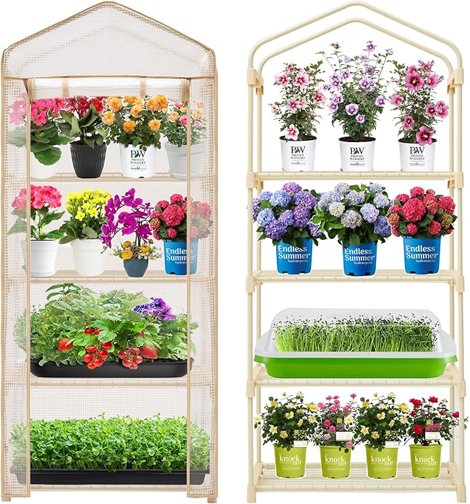 4-Tier Mini Greenhouse – Indoor or Outdoor Gardening Hot House with PE Zippered Cover and Metal Shelves for Growing Vegetables Flowers and Seedlings 63'' H x 27'' L x 19'' W (PLGH704OWW)
