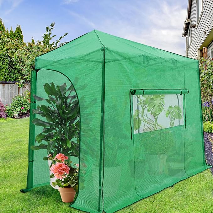 EAGLE PEAK Replacement Cover for 10x5 Portable Lean-to Greenhouse 2 Roll-Up Zipper Entry Doors and 1 Large Roll-Up Side Window (Frame Not Included) Green