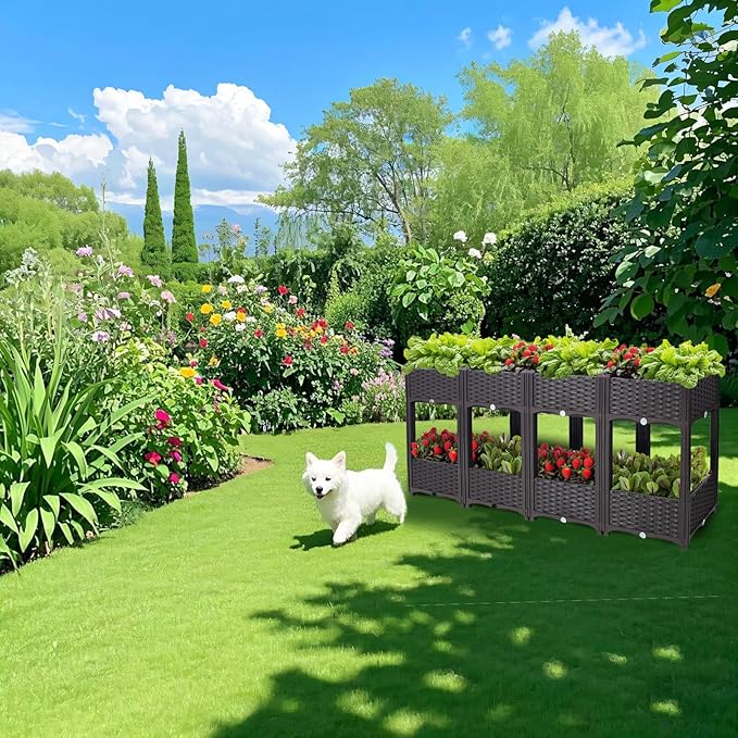 Outdoor Planting Box Double-Layer Planting Bed Garden Bed with Flower Rack for Growing Flowers Vegetables Tomatoes and Herbs – Perfect for Garden Patio Balcony (Double Brown Large)
