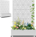 Metal Planters Box with Trellis &amp Privacy Screen for Patio Large Raised Garden Beds with Drainage Holes &amp Wheels 47 L×16 W×71 H Standing Flower Beds with Trellis (White Star)