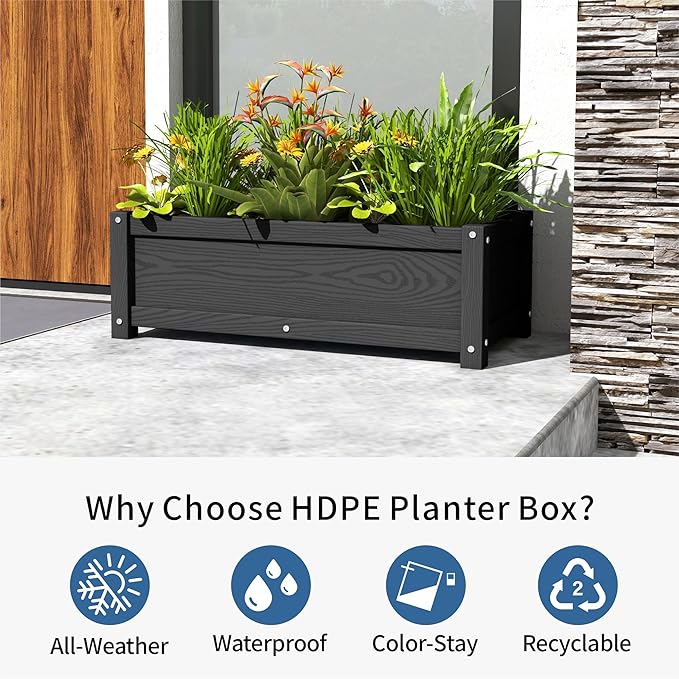 HDPE Planter Box All-Weather Outdoor Garden Bed Easy to Assemble Drainage System Low Maintenance Non-Fading for Flower/Herb/Seed (Black)