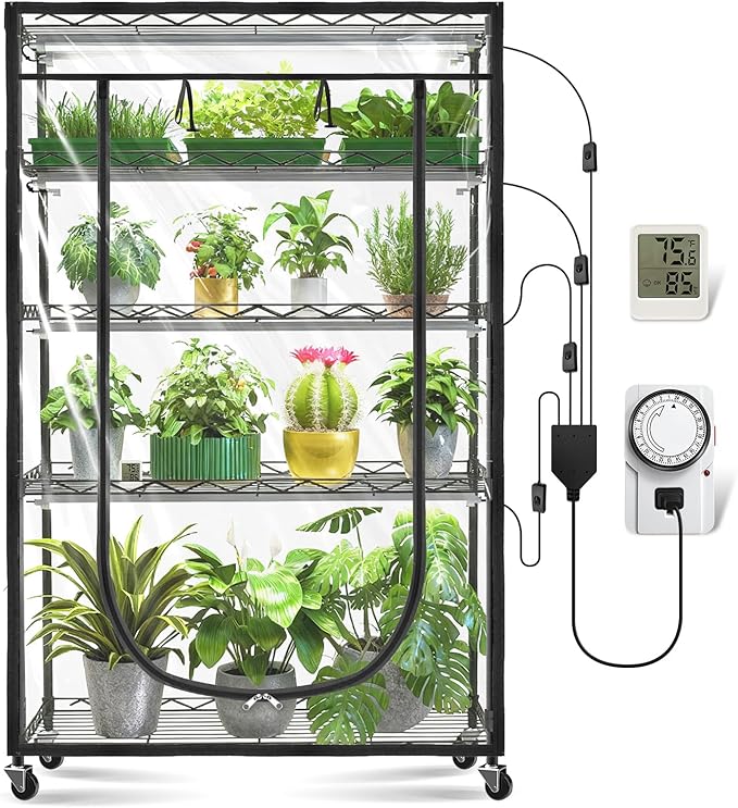 JESLED Indoor Greenhouse with Grow Light 3FT Full Spectrum 5000K LED Light for Seed Starting Tiered Lighting Control Built-in Timer &amp Thermo-Hygrometer Rolling Metal Plant Stand (35.4x13.8x70I