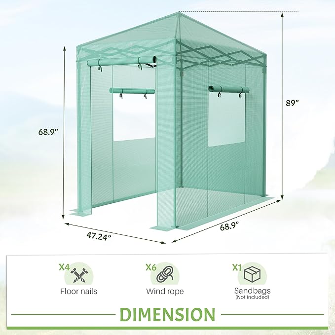 Greesum 6x4 FT Portable Small Greenhouse with PE Cover Zippered Door and 2 Roll-up Windows Easy Assemble(Green)