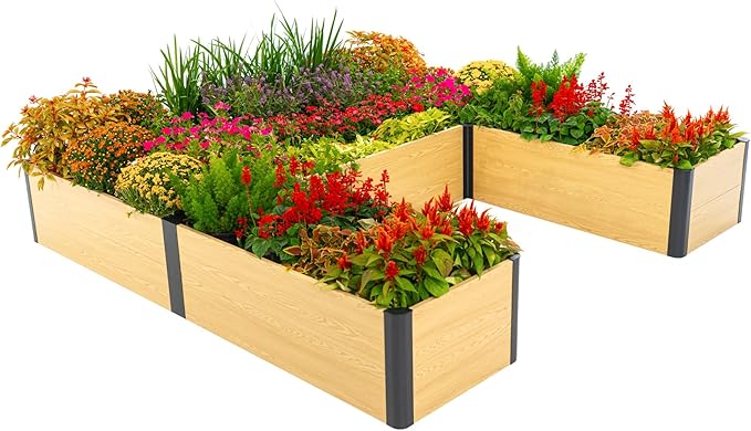 Vego garden Woodgrain Series Raised Garden Bed 16 Tall Wooden-Look 8' x 8' U-Shaped Metal Planter Box Outdoor for Vegetables Flowers Herbs