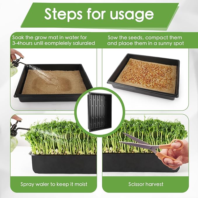 Microgreens Growing Trays Kit – 6 Pack Micro Green Grow Trays with 12 Hemp Fiber Grow Mats 15 x 11 x 2.5 Inch Seed Starter Trays for Growing Microgreens Indoor Gardening