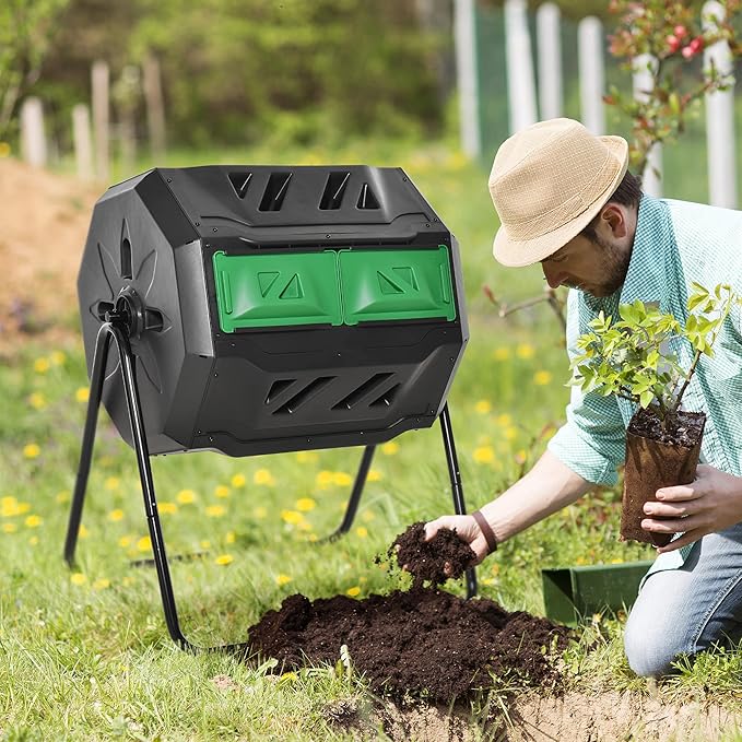 Compost Bin Outdoor 43 Gallon Dual Chamber Tumbling Composting with Sliding Doors Large Compost Tumbler Compost Bin for Garden Kitchen and Yard Waste Black+Green