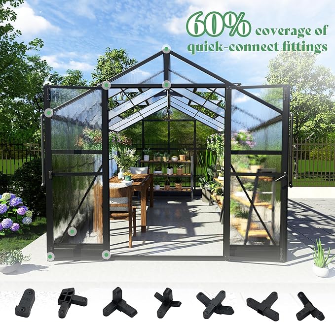 AMERLIFE 8x12x7FT Polycarbonate Greenhouse Walk in Greenhouse with Quick-Connect System Green House with 4 Vent Windows and Swing Lockable Door Greenhouses for Outdoors Sunroom Black