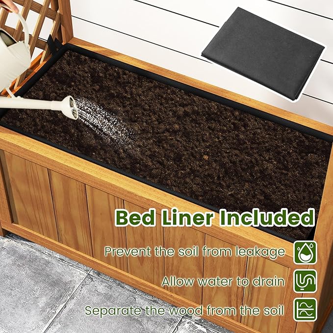 Giantex Raised Garden Bed with Arch Lattice Trellis for Climbing Vine Flower Vegetable Wood Planter Box with Liner &amp Drainage Design Outdoor Plant Container for Yard Balcony (33x15x57)