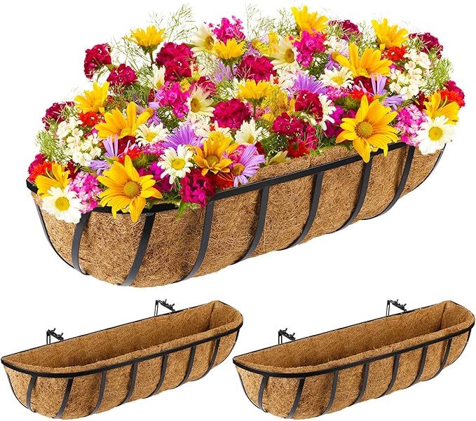 Tessco for you 3 Pieces Railing Planter Boxes 24 Inches Window Box Planters with Coco Liner and Adjustable Brackets for Deck Porch Fence Patio Balcony Gardening Outdoor Plants
