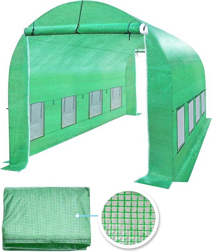 YardGrow 2-Doors Replacement Greenhouse Cover for Larger Walk in Outdoor Yard Plant Gardening Hot House Cover ONLY (12'x7'x7' Green)