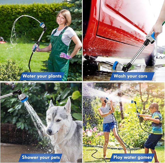 RESTMO Metal Watering Wand Heavy Duty Garden Hose Wand with 180° Swivel Ratcheting Head 16'' Hose Nozzle Sprayer with 7 Spray Patterns and Flow Control for Water Hanging Baskets and Shrubs Blue