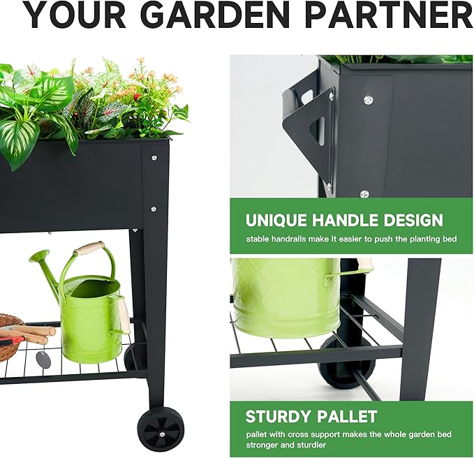 Raised Garden Bed with Legs and Wheels Removable for Outdoor 31.6 * 14.6'' Metal Planter Raised Box for Growing Vegetables Herb Flower in Patio(Black)