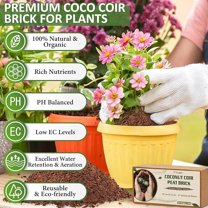 Legigo 6 Pack Premium Coco Coir Brick for Plants- 100% Organic Compressed Coconut Coir Bricks Starting Mix Coco Coir Fiber Coconut Husk for Planting Gardening Potting Soil Substrate Herbs