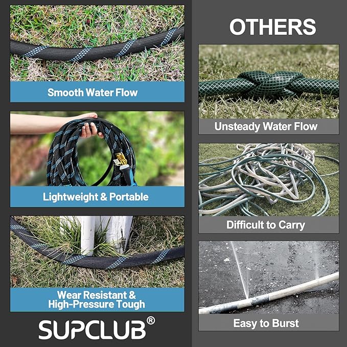 100Ft Non-Expandable Garden Hose with 10 Function Nozzles Flexible Lightweight Kink-Free Leak-Proof Sturdy Water Hose with Strong Brass Connector