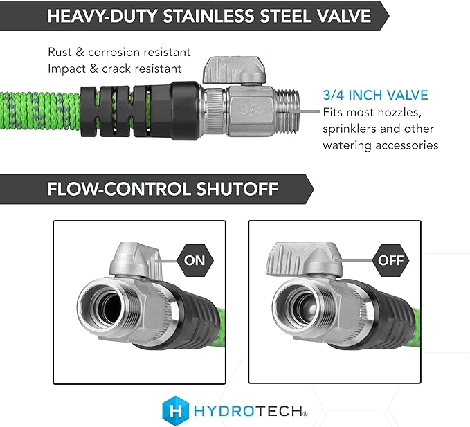HydroTech 50 ft Expandable Garden Hose - Pro Series 2x Max Flow 3/4 No-Kink Flexibility Lightweight Hose for Lawn Garden Car Washing Deck and Patio Cleaning