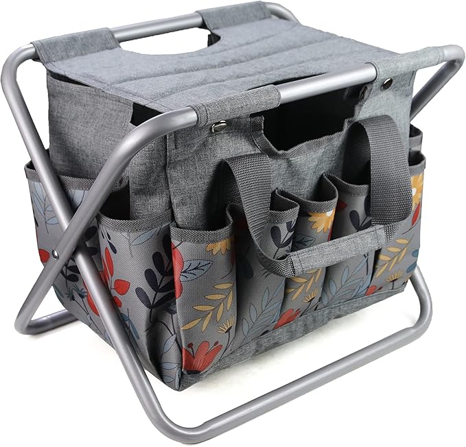 MDSTOP Folding Gardening Stool with Detachable Storage Tote Bag Gardening Tools Set Organizer for Fishing Outdoor Sports Hiking Camping Garden Gardening Gifts for Mom/Dad Without Tools (Aluminum)