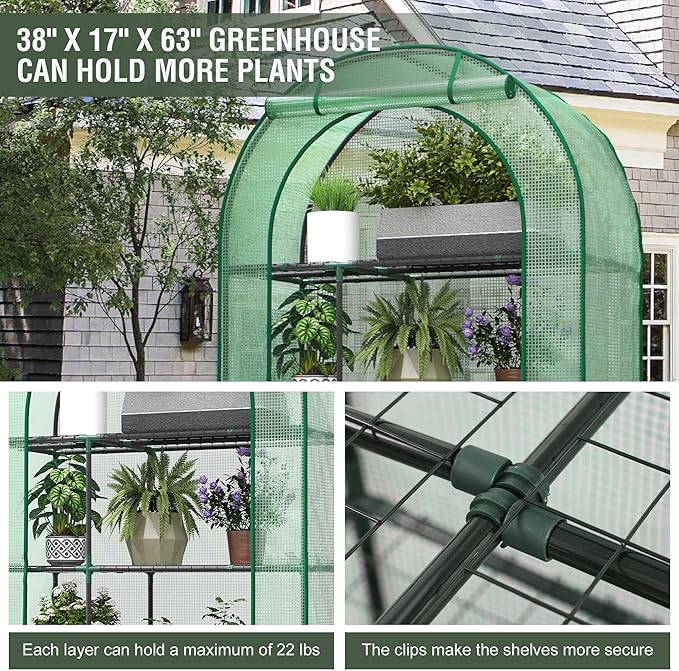 Mini Greenhouse for Outdoors Portable Small Greenhouse 4-Tiers for Indoor 38x17x62 Green House with PE Cover
