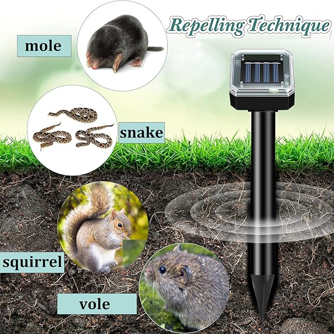 Solar-Powered Mole Repellent 10P Outdoor Gopher Repellent for Lawn Garden Yard Mole and Vole Repeller Waterproof Effectively Repels Gophers Snake Black