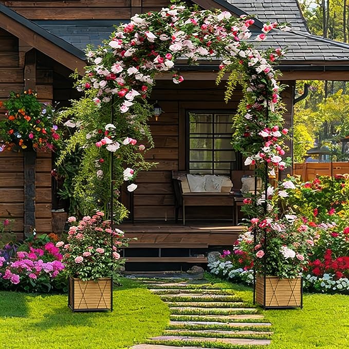 Metal Garden Arch Trellis for Climbing Plants Outdoor 8.2FT Garden Arbors Archway Arched Trellis with Planter Boxes Wedding Arches for Ceremony Arch Backdrop Stands for Party Decorations Black