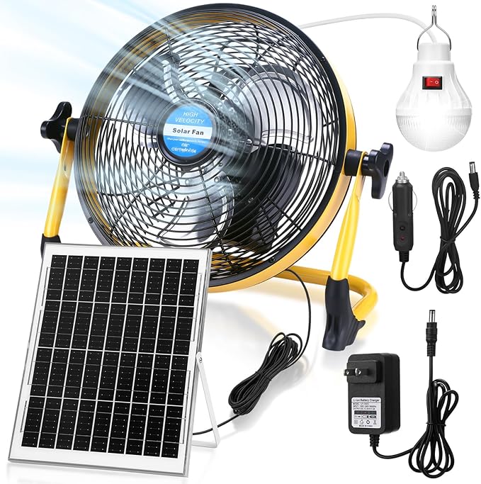 Sumind Solar Powered Fan 15000mah 20w Portable Ventilador Rechargeable Camping Fan Battery Powered with Panel and Light for Outside Home Travel Chicken Coop Shed Greenhouse(Yellow10 Inch)