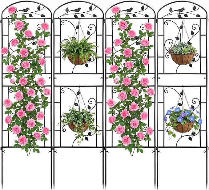 Garden Trellis for Climbing Plants 4 Pack 71x20 in Metal Lattice Panel with Black Coating Tall Climbing Support for Rose Vines Clematis Flowers Vegetables Fruits - Plant Trellis Outdoor
