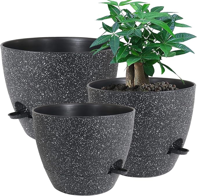 Large Self Watering Pots 12/10/9 Plastic Planters with High Drainage Holes and Deep Reservoir for Indoor Outdoor Garden Plants and Flowers Black Speckles