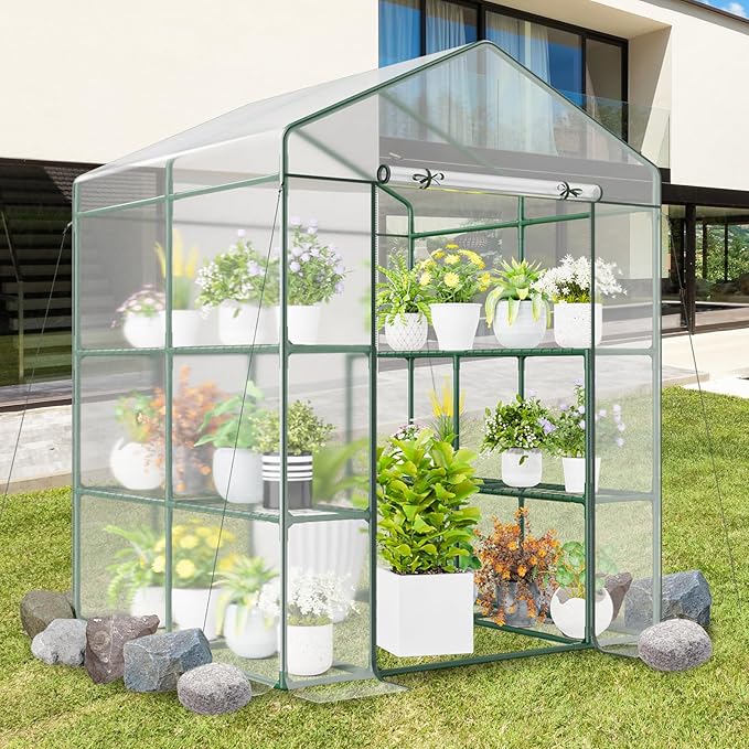 Happygrill Greenhouse Portable Greenhouses for Outdoors w/8 Shelves Roll-Up Zippered Door 2 Observation Windows &amp 2 Tiers Weather-Proof PE Cover Wind Rope (Transparent 55” x 57” x 77”)