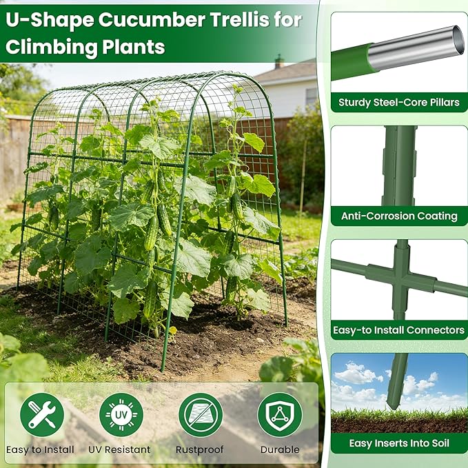 Cucumber Trellis for Raised Bed 48 L x 48 H U-Shape Garden Trellis for Climbing Plants Outdoor Metal Arch Trellis for Vegetables Plant Support for Tomato Pea Zucchini Grape Flowers