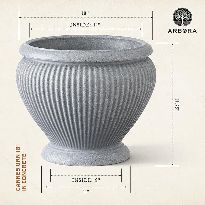 ARBORA 18 Cannes Urn Polyresin Indoor and Outdoor Planter with Stone Blend Concrete Gray Finish - Durable Weatherproof Lightweight Large Plant Pot for Patio Garden Deck Entryway