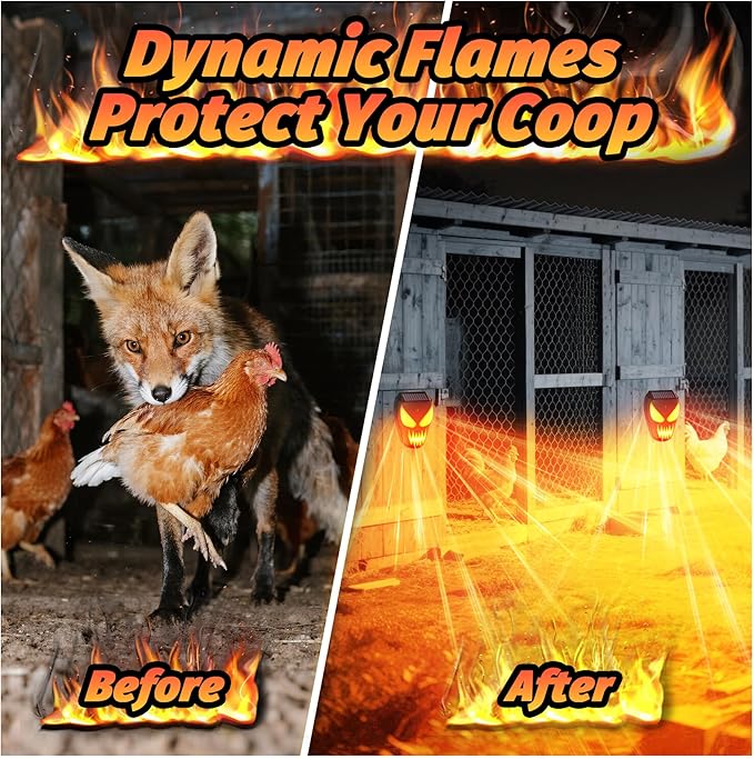 Solar Coyote Deterrent Predator Lights - Nocturnal Animal Repeller with Flame LED Flashing Lights for Chicken Coop Yard &amp Garden Protection Against Raccoons Foxes Deer Skunks Hawks 4 PCS