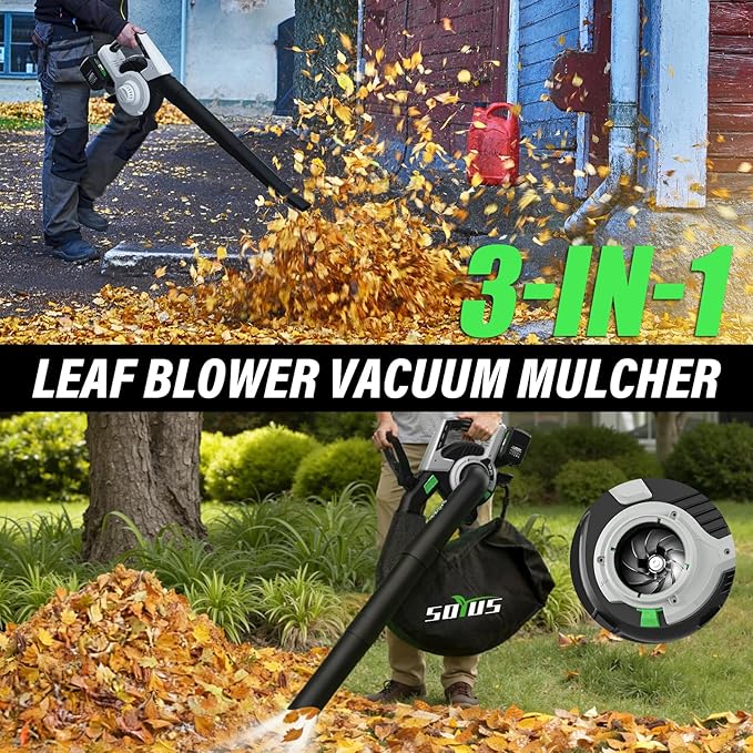 Cordless Leaf Blower &amp Vacuum SOYUS 3-in-1 Leaf Vacuum Mulcher 385CFM with Brushless Motor &amp 5 Speed Control Electric Leaf Blower for Lawn Care Included 45L Bag 2 x 20V 4.0Ah Battery and Ch