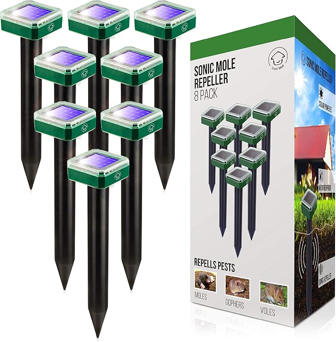 Livin' Well Solar Sonic Pest Repeller Stakes - 8pk Outdoor Pest Repellent with 10500 Feet Range Solar Powered Animal Control Rodent Repellent and Deterrent for Mole Vole Gopher