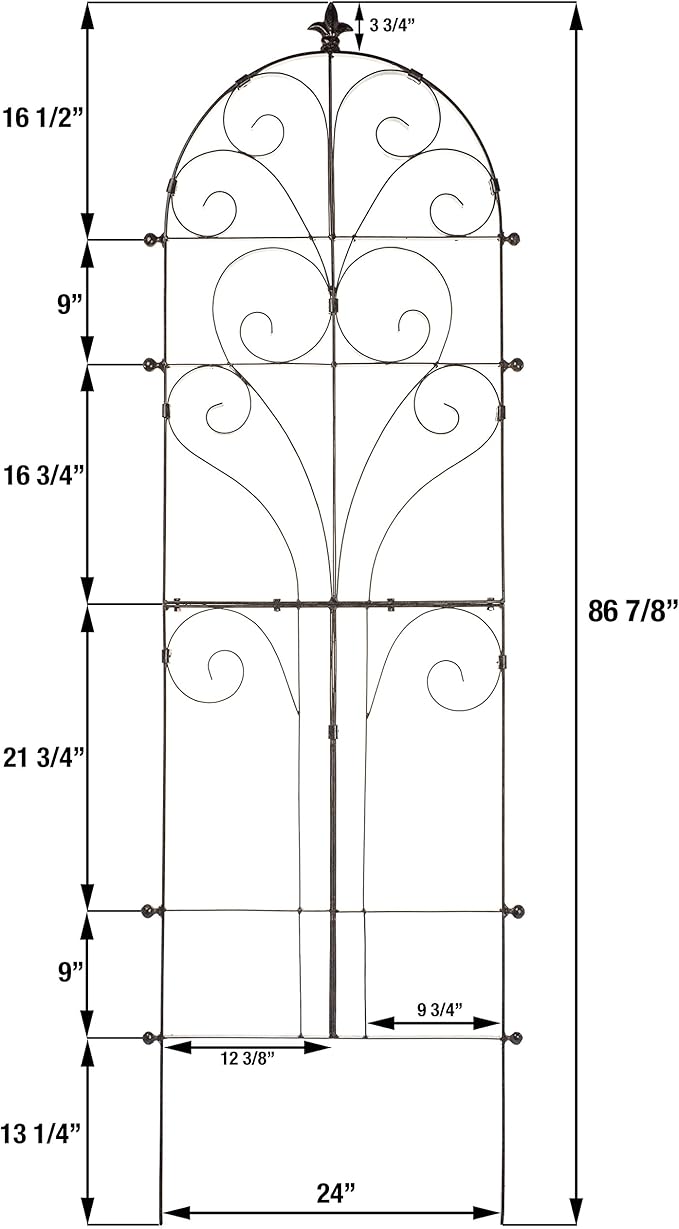 H Potter Large Metal Garden Trellis 73.5 Installed Height — 34-Lb Heavy Duty Iron Scroll Trellis for Roses Ivy &amp Clematis — 84 Overall with Ground Spikes Freestanding (GAR214 Large)