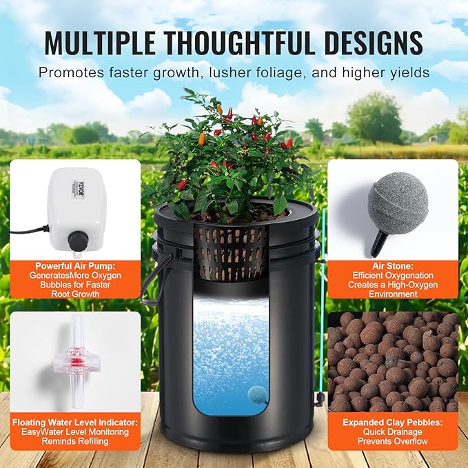 VEVOR DWC Hydroponics Grow System Hydroponic Growing System with Top Drip Kit Deep Water Culture 5-Gallon 2 Buckets with Air Pump Air Stones and Water Level Device for Leafy Vegetables