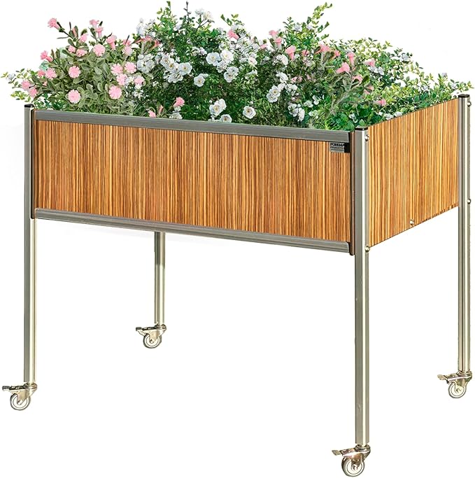 Foreman Raised Garden Bed on Wheels – Weather-Resistant Raised Garden Bed (48 x 24 x 32) with Drainage Ideal Raised Garden Bed for Vegetables &amp Flowers – 300 lb Capacity Zebrano Wood Grain