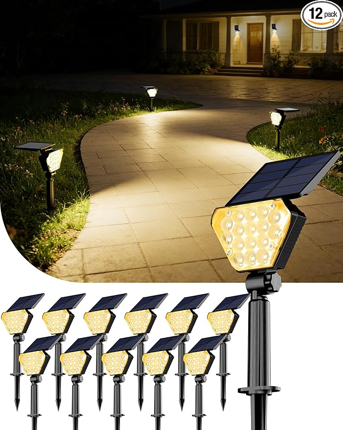 T-SUN Solar Lights Outdoor Waterproof IP65 12 Pack LED Solar Spot Lights Color Changing IP65 Waterproof Smart Auto On/Off for Outside Landscape Garden Yard Lawn Pathway Patio Driveway
